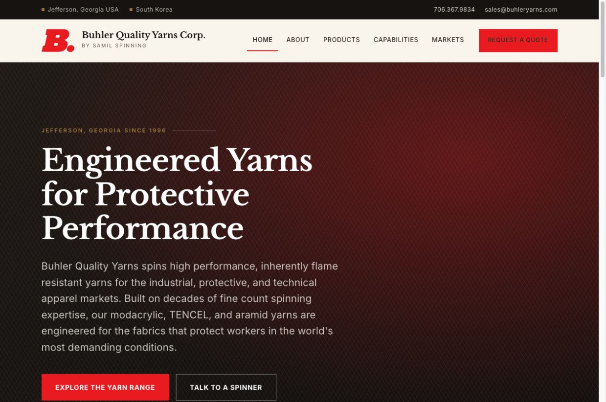 Buhler Quality Yarns website, showing its red and black design and engineered yarns headline